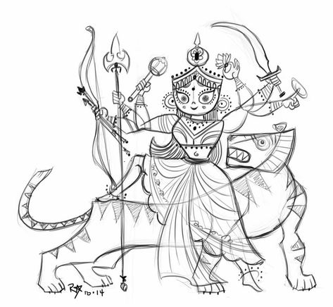 Goddess Durga Drawing, Durga Sketch, Durga Maa Drawing, Maa Drawing, Durga Drawing, Buddhist Art Drawing, Bengali Art, Durga Painting, Indian Art Gallery