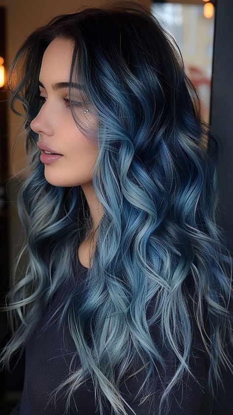 24 Bewitching Blue Black Hair Styles Blue Blonde Black Hair, Blue Ombre Hair Medium Length, Dark To Light Blue Hair, Cute Hair Ideas For Prom, Dimensional Blue Hair, Blue Blonde And Black Hair, Gray And Blue Hair, Black And Blue Ombre Hair, Blue Hair Colour