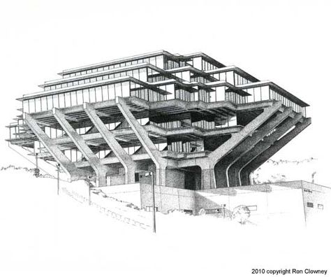 The Geisel Library, UCSD, San Diego CA Geisel Library, Infinite Cube, 33rd Parallel, Islamic Arch, Library Drawing, Late Modernism, Hand Rendering, Library Architecture, Defying Gravity