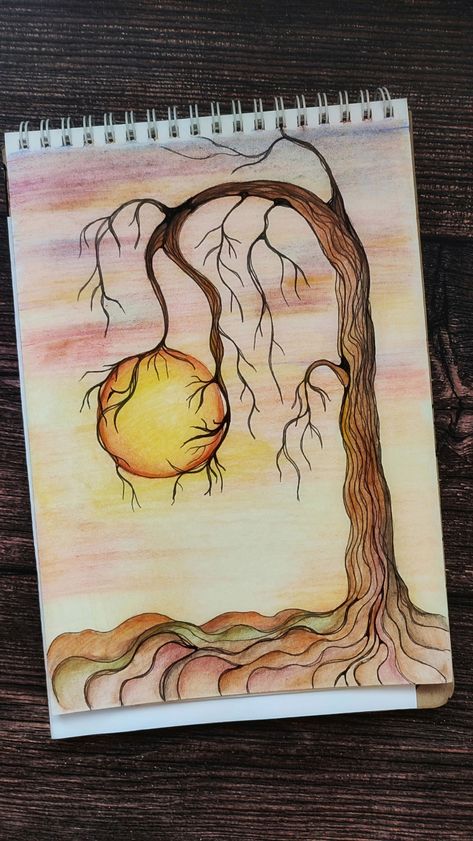 Tree Pictures Drawing, Magical Tree Drawing, Recreate Drawings, Zentangle Landscape, New Years Drawing Ideas, New Year's Drawings, Surrealism Drawing, Draw Watercolor, Fantasy Tree