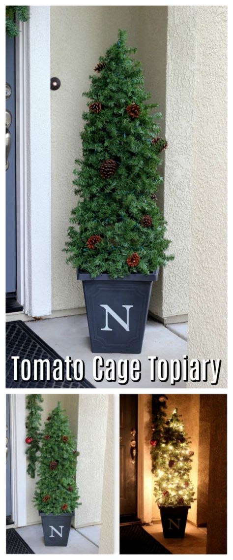 Winter Topiary Outdoor, Tomato Cage Topiary, Ornament Wreath Diy, Tomato Cage Crafts, March Sisters, Buffalo Christmas, Tomato Cage Christmas Tree, Christmas Outdoors, Christmas Planter