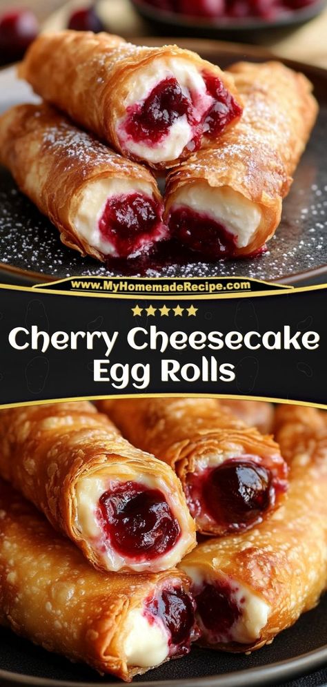 These crispy Cherry Cheesecake Egg Rolls are stuffed with a creamy cheesecake filling and cherry pie filling, then fried to golden perfection. A sweet, crunchy treat! Ingredients: 1 cup cream cheese 1/2 cup cherry pie filling 8 egg roll wrappers Oil for frying A handheld dessert that's quick, fun, and totally irresistible Cheesecake Egg Rolls, Egg Roll Ingredients, Sweet Cherry Pie, Cherry Filling, Egg Roll Wrappers, Bananas Foster, Cheesecake Filling, Cherry Cheesecake, Cheese Toast