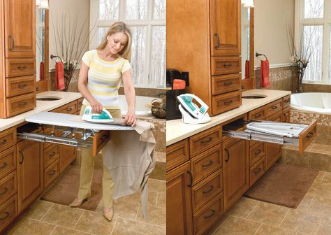 This conveniently ingenious ironing board stows away inside a vanity drawer until needed and then pulls out and unfolds with ease when it's time to do some ironing. Fold Out Ironing Board, Ironing Board Cabinet, Ironing Board Storage, Pull Out Ironing Board, Wall Mounted Ironing Board, Shelf Vanity, Closet Vanity, Vanity Drawers, Rev A Shelf