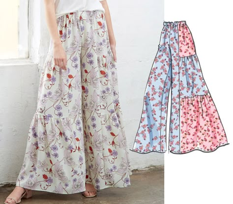 49 Stylish Sewing Patterns for Women’s Pants (11 FREE PDF’s) Tiered Pants Pattern, Sew Flowy Pants, Modern Sewing Patterns Free, Boho Pants Pattern Sewing, Cotton Pants Sewing Pattern, Sew Boho Clothes Diy, Flowy Sewing Patterns, Diy Wide Leg Pants Pattern, How To Sew Palazzo Pants