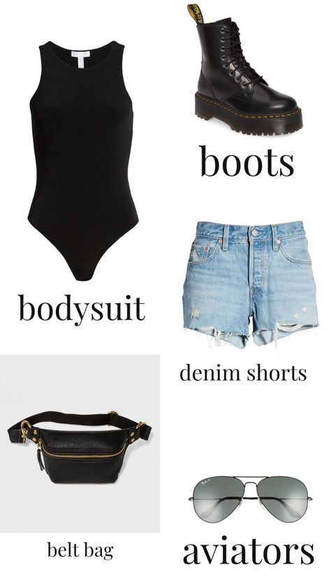 Black Shorts Rave Outfit, Black Bodysuit And Shorts Outfit, Black Bodysuit With Shorts, Shorts With Black Boots, Bodysuit With Jean Shorts, Black Denim Shorts Festival Outfit, Shorts Bodysuit Outfits, Shorts And Bodysuit Outfits, Boots For Summer