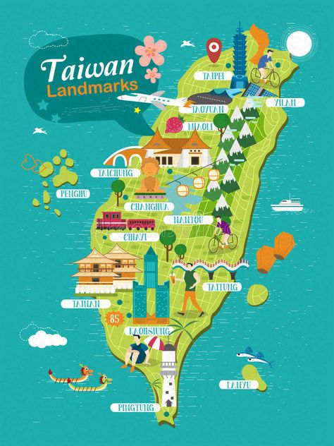 Taiwan landmarks. Travel map in flat design #Sponsored , #affiliate, #PAID, #landmarks, #design, #flat, #Taiwan Travel Map Illustration, Taiwan Image, Taipei Travel, Cheap Places To Travel, Map Illustration, Taiping, Taiwan Travel, Kaohsiung, Tainan