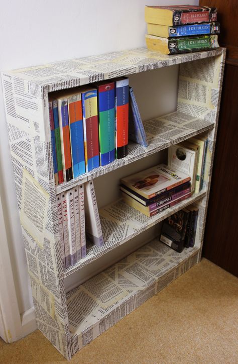 Decoupage Bookcase w/ Novel Pages  See the How To video here: http://youtu.be/D6kB52UvTAc Paper Mache Bookshelf, Decoupage Bookshelf, Decoupage Bookcase, Novel Pages, Diy Recycled Projects, School Hallways, Small Room Decor, Bookshelves Diy, Recycled Projects