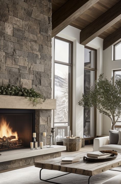 Living Room With Double Sided Fireplace, Mediterranean Lake House, Huge Stone Fireplace, Living Room Open Fireplace, Fireplace In Middle Of Open Floor Plan, Stone And Shiplap Fireplace Ideas, Windows By Fireplace, Fireplace Between Two Windows, Modern Fireplace Wall Living Room