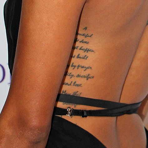 Karrueche Tran Writing Side Tattoo | Steal Her Style Long Quote Tattoo, Side Quote Tattoos, Rib Tattoo Quotes, Side Tattoos Women, 30 Tattoo, Butterfly Tattoos On Arm, Rib Tattoos For Women, Quote Tattoo, Special Tattoos