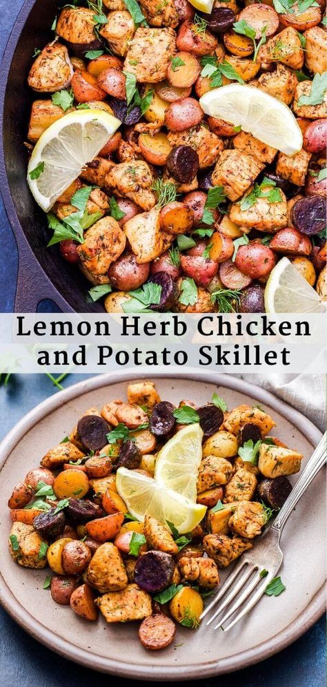 Chicken And Potato Skillet, Potato Skillet Dinner, Potatoes Skillet, Chicken Lickin, Potato Skillet, Chicken And Potato, Runners Food, Lemon Herb Chicken, Skillet Potatoes