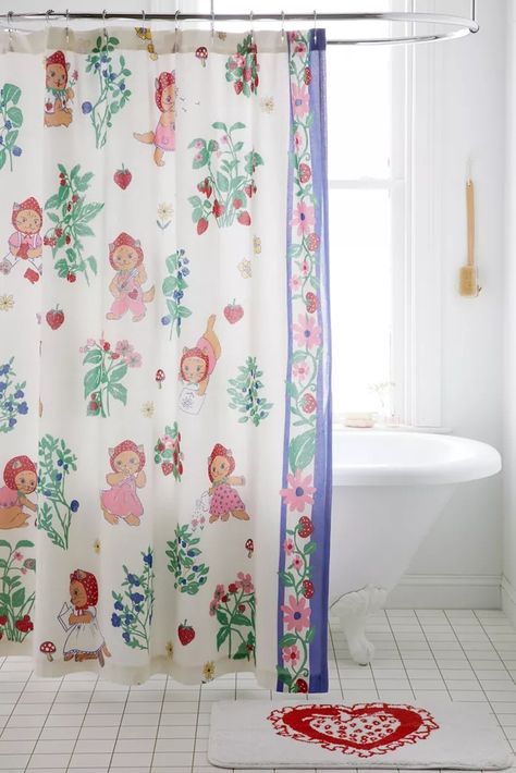 UO Home: Décor + Furnishings | Urban Outfitters Urban Outfitters Curtains, Strawberry Cat, Cat Shower Curtain, Furniture Apartment, Embroidered Duvet Cover, Cat Motif, Cotton Shower Curtain, Uo Home, Floral Duvet