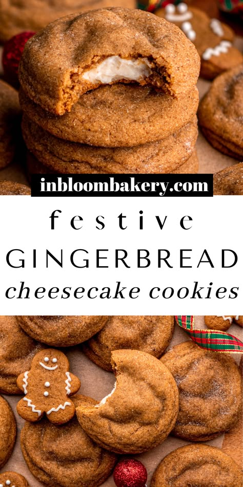 Christmas Cookies With Cocoa Powder, Festive Gingerbread Cheesecake Cookies, Cream Cheese Filled Gingerbread Cookies, Cheesecake Gingerbread Cookies, Cream Cheese Stuffed Gingerbread Cookies, Gingerbread Stuffed Cookies, Christmas Cookies Cheesecake, Holiday Cookie Flavors, Ginger Bread Cheesecake Cookies