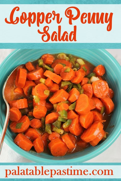 Copper Penny Salad is an old-fashioned retro salad that marinates coins of fresh carrots in a savory tomato soup dressing. via @suelau1 Copper Penny Salad, Wilted Lettuce Salad, Carrot Casserole, Fresh Carrots, Side Salad Recipes, German Potato Salad, Cooked Carrots, Copper Penny, Carrot Salad