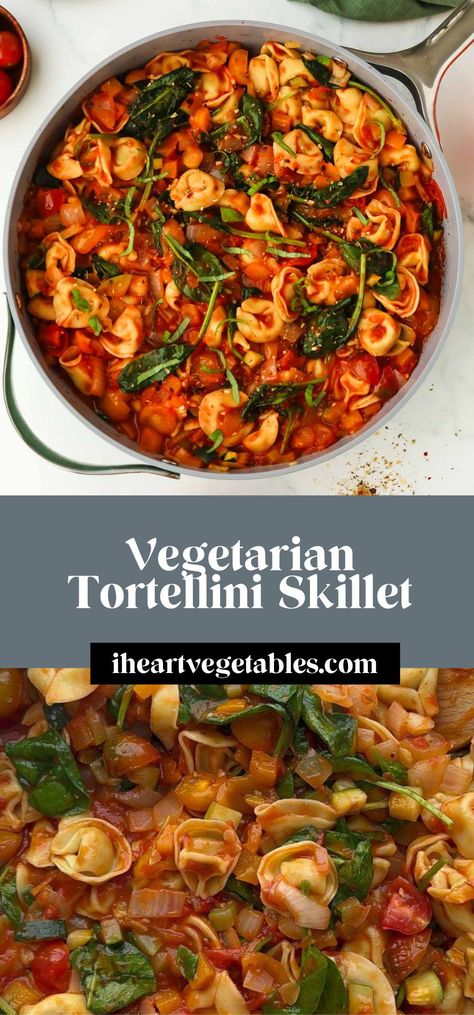 This easy vegetarian tortellini skillet recipe is packed with plenty of fresh vegetables for a hearty and healthy dinner. Perfect for a quick weeknight meal, this dish comes together in just 30 minutes! Vegetarian Skillet Recipes, Vegetarian Tortellini, Tortellini Skillet, Tortellini Recipes, Vegetarian Pasta Recipes, Butter Pasta, Skillet Recipes, Skillet Dinners, Homemade Marinara