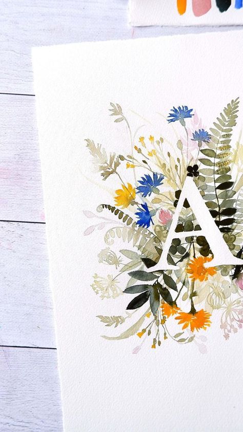 Watercolor Initials Floral, Watercolour Name Art, Watercolor Initials, Watercolor Name Art, Initial Painting, Wedding Watercolor Painting, Letter Watercolor, Watercolor Name, Watercolor Letters