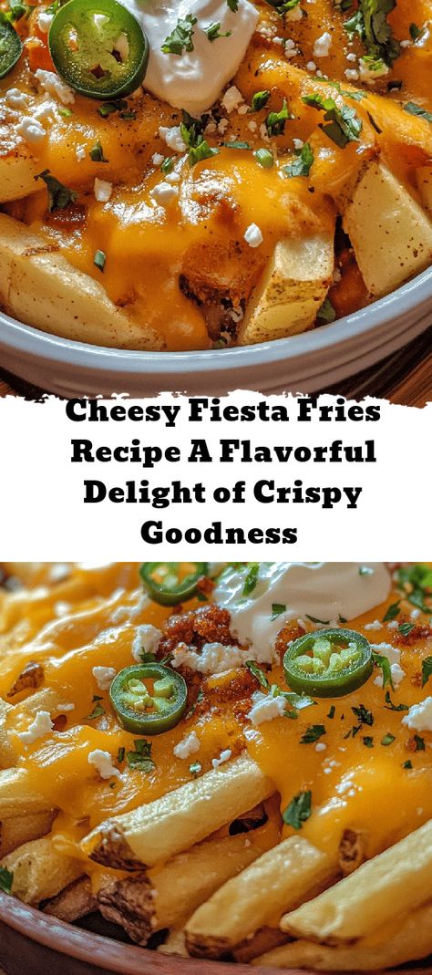 If you're looking for a delicious comfort food to satisfy your cravings, try these Cheesy Fiesta Fries! This recipe features crispy golden fries topped with melted cheddar and feta cheese, fresh jalapeños, and a sprinkle of cilantro for a burst of flavor. Perfect for game nights or casual gatherings, these cheesy fries are easy to make and packed with smoky, creamy, and spicy notes. Plus, they can be customized with your favorite toppings for an extra kick. Dive into this flavorful del Cheesy Fries, Crispy Fry, Fries Recipe, Monterey Jack, Game Nights, Monterey Jack Cheese, Russet Potatoes, Melted Cheese, Fresh Cilantro