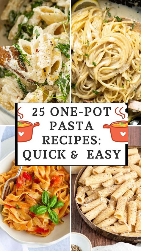 25 delicious and easy one-pot pasta recipes that are perfect for busy evenings. Say goodbye to multiple pans and hello to minimal cleanup! Quick Pasta Ideas, Pasta Bowl Recipes, 1 Pot Pasta Meals, Easy One Pan Pasta Recipes, Pasta For 2 Recipes, Easy One Pan Pasta, One Dish Pasta Recipes, Easy Fast Pasta Recipes, Lunch Pasta Recipes