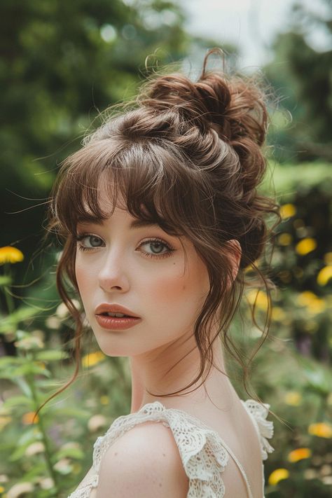 17 Fabulous Hairstyles with Wispy Bangs You Need to Try Semi Formal Hairstyles With Bangs, Puffy Bangs Hair, Bridal Hair Half Up Bangs, Medium Length Formal Hairstyles With Bangs, Updo With Curly Bangs, Loose Updo With Bangs, Short Hair Bangs Wedding Styles, Elegant Bangs Hairstyle, Cute Long Hairstyles With Bangs