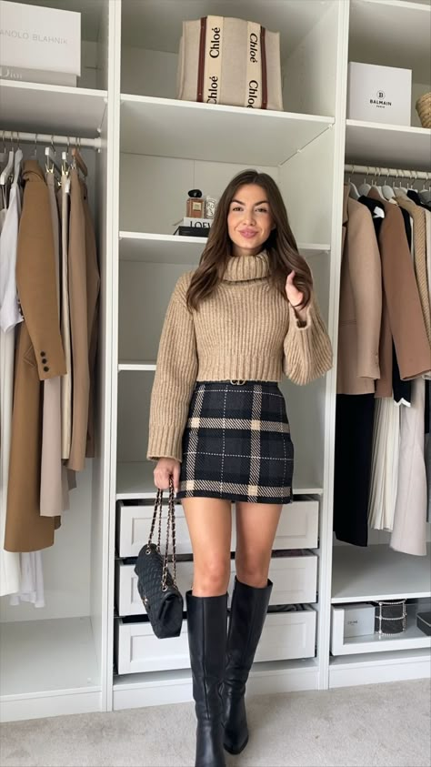 Tweed Skirt And Boots, Inspo Fall Outfit, Chocolate Brown Knee High Boots Outfit, Classic Cute Outfits, How To Look Expensive Outfits Casual, Brown Boots Work Outfit, Herringbone Skirt Outfit, Old Money Thanksgiving Outfit, Cute Fall Skirts