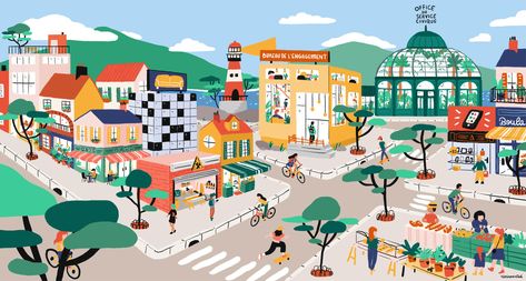 Le Quartier Animafac | Illustration on Behance Summer Illustration, Colorful World, City Illustration, Saint Charles, San Rafael, Book Illustration, Cute Illustration, Pigeon, Picture Book