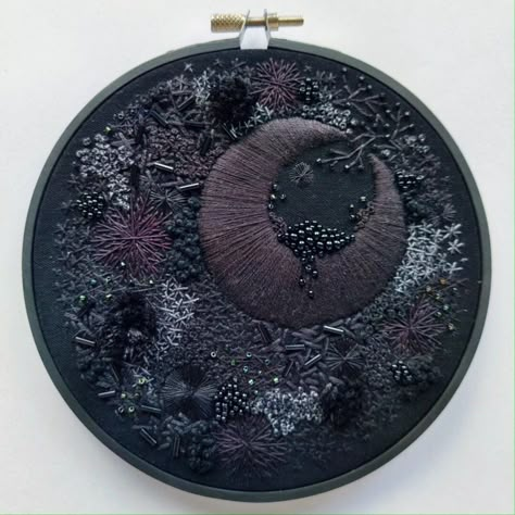 Abstract black embroidery piece with beads in a black 15cm bamboo hoop. All Black Embroidery, Textile Embroidery Art, Dark Embroidery Designs, Goth Embroidery Patterns, Moody Embroidery, Beaded Embroidery Designs, Dark Academia Embroidery, Vampire Embroidery, Bead Embroidery Ideas