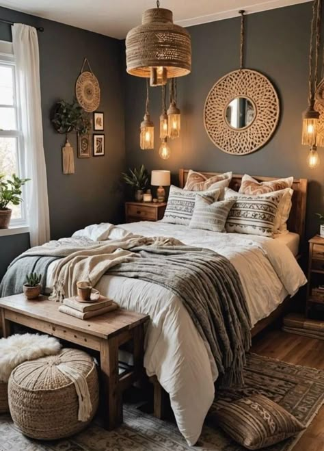 Industrial Bohemian Bedroom, Bohemian Chic Bed, Boho Industrial Bedroom Ideas, Bedroom For Sleep, Industrial Cozy Bedroom, Bohemian Small Bedroom Ideas, Boho Bedrooms Chic, Industrial Bedroom Decor Ideas, Bedroom Ideas Wooden Bed