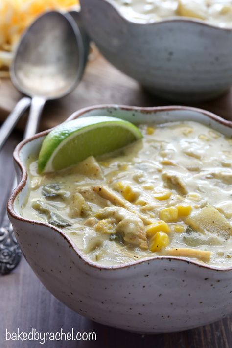 Slow cooker roasted poblano and corn soup recipe from @bakedbyrachel Chicken Poblano Soup, Sweet Potato Coconut Curry, Chili Vegetarian, Pumpkin Soup Easy, Stovetop Chili, Poblano Soup, Corn Soup Recipes, Chili Chili, Roasted Poblano