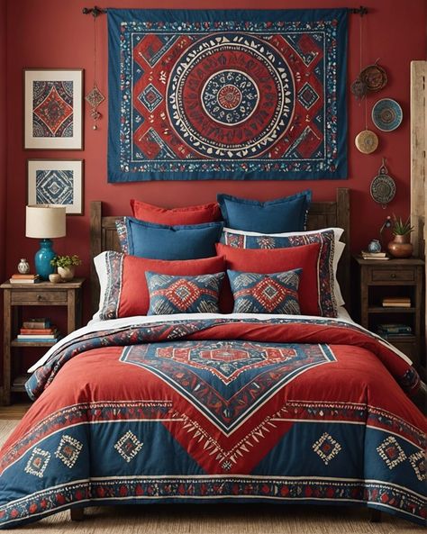 Navy Blue And Red Bedroom, Red And Blue Bedroom Ideas, Blue And Red Bedroom, Red And Blue Bedroom, Blue Accents Bedroom, Boho Style Bedroom Ideas, Red Bedspread, Style Bedroom Ideas, Painted Brick Wall