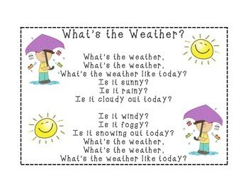 Here's a weather song you can use during your morning meeting. I printed it 16 x 20 and had it laminated. It's sung to the tune of Clementine.  Whats the weather, Whats the weather,  Whats the weather like today?  Is it sunny? Is it rainy? Is it cloudy out today?  Is it windy? Is it foggy? Is it snowing out today?  Whats the weather,  Whats the weather,  Whats the weather like today? Today Is Song Preschool, What’s The Weather Song, Weather Songs For Toddlers, Weather Songs Preschool, Whats The Weather Song, Preschool Calendar Time, Weather Songs, Preschool Transitions, Weather Activities Preschool