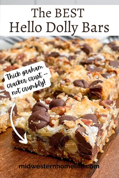 This hello dolly bar recipe is a crowd pleaser with decadent layers of chocolate chips, peanut butter chips, coconut, and pecans enrobed in sweetened condensed milk. Decadent, delicious, and ridiculously easy to make. rn#magiccookiebars #sevenlayerbars #magicbars #easydesserts #hellodollybars #cookiebarrecipern Eagle Brand Recipes Condensed Milk, Recipes Condensed Milk, Magic Cookie Bars Recipe, Eagle Brand Recipes, Dolly Bars, Magic Cookie Bar Recipe, Coconut Chocolate Bars, Caramel Chocolate Bar, Almond Joy Cookies