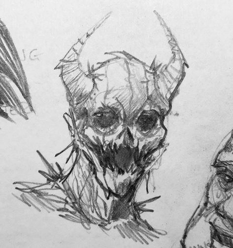 Cool Skeleton Sketch, Demon Body Reference, Sketches Of Monsters, Scary Demon Drawing, Ghoul Drawing Monster, How To Draw Demons, Creepy Monster Sketch, Demonic Art Sketch, Scary Skeleton Drawing