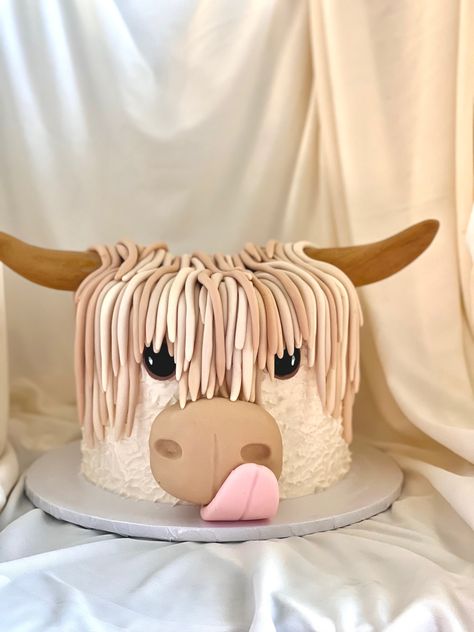 Scottish Highland Cow Birthday Cake, Highlands Cow Cake, Highland Cow Cake Smash, Hyland Cow Smash Cake, Small Cow Cake, Country Themed Cake, Simple Cow Cake, Brown Cow Cake, Fluffy Cow Cake