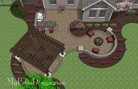 690 sq. ft. of Outdoor Living Space. Curvy Design Creates Beautiful Areas for Outdoor Dining, Grilling and Fire Pit with Seating. 12’ x 16’ Ce Patio Plan, Large Pavers, Patio Plans, Patio Layout, Patio Pavers Design, Cheap Backyard, Patio Pergola, Patio Diy, Large Backyard