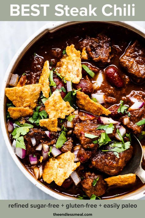 Best Steak Chili Recipe, Steak Chili Recipe, Chuck Steak Recipes, Award Winning Chili Recipe, Steak Chili, Delicious Chili Recipe, Paleo Chili, Beef Chili Recipe, Chuck Steak