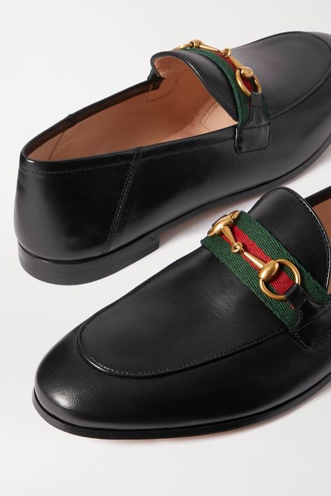 Black Brixton horsebit-detailed webbing-trimmed leather collapsible-heel loafers | GUCCI | NET-A-PORTER Gucci Loafers Men, Ferragamo Shoes Mens, Gucci Brixton, Gucci Shoes Loafers, Loafers Gucci, Gucci Pants, Fly Shoes, Black Suede Loafers, Gucci Loafers