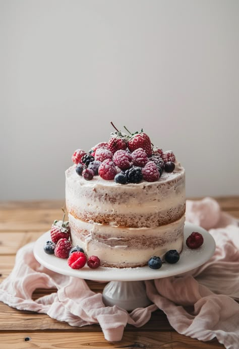 Learn How to Cook Naked Cake Recipe For Free | Recipes You'll Love, Made Easy! Sugared Berries On Cake, Naked Strawberry Cake, Naked Birthday Cake For Women, Tiered Cake Recipe, Simplistic Birthday Cake, Semi Naked Cake Birthday, Wedding Cakes Naked, Simple Naked Wedding Cake, Naked Cake With Berries