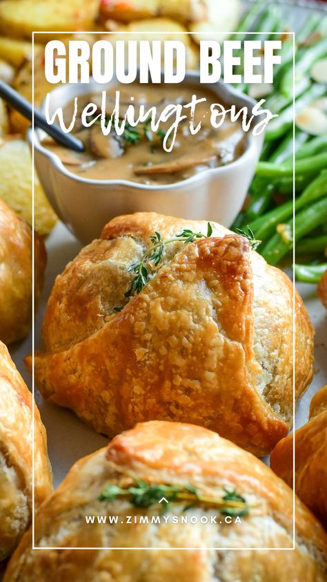 Comfort Food Ground Beef, Beef Wellington Turnovers, Minced Beef Wellington, Beef Wellington With Ground Beef, Beef Wellington Ground Beef, Ground Beef Puff Pastry Recipes, Ground Beef Wellington Recipe, Beef Patty Dinner Ideas, Beef Wellington Recipe Easy