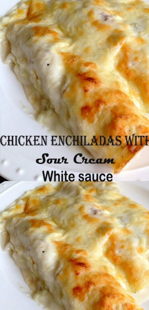 You are going to love this next recipe for Chicken Enchiladas with Sour Cream White sauce because it is delicious and super easy to make. White Chicken Chile Enchiladas, White Chicken Enchiladas Cream Of Chicken, Chicken Burritos With White Sauce, White Turkey Enchiladas, Low Carb Sour Cream Chicken Enchiladas, White Chicken Burritos, Sour Cream Burritos, Using Up Sour Cream, Enchilada Cream Sauce