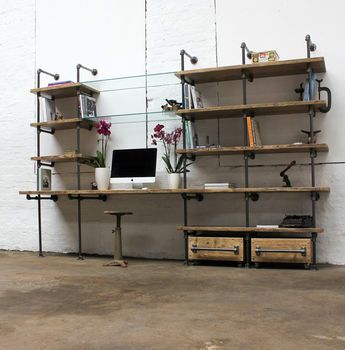 hannah industrial desk and shelves by urban grain | notonthehighstreet.com Metal Wire Desk, Home Office Pipe Shelves Above Desk, Industrial Wall Shelves With Desk, Industrial Pipe Shelving With Desk, Music Studio Desk Black With Shelves, Corner Shelving Unit, Desk Units, Curved Desk, Double Desk