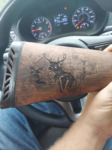 "Stripped my mossberg 500 gun stock and in the process of redoing it to my custom likes. No where near finished but this is a start." - Josh S. Laser Burning Projects, Unique Engraving Ideas, Western Laser Engraving, Things To Laser Engrave, Laser Engraving Ideas To Sell, Xtool P2 Projects, Laser Engraving Ideas Gifts, Lazer Engraver Ideas, Engraving Ideas