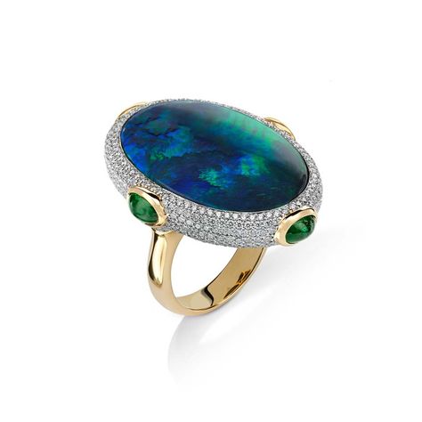 A beautiful blue lagoon - @pamelahuizenga Calypso Australian black #opal #ring in #gold with #emeralds and #diamonds. #Couture2015 Bijoux Art Deco, Australian Black Opal, Black Opal Ring, Chic Rings, Black Gold Jewelry, Van Cleef, Opal Ring, Blue Gemstones, Black Opal