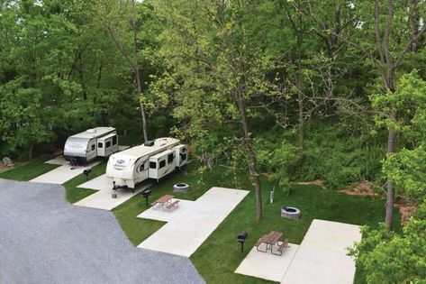 Rv Property Ideas, Opening A Campground, Rv Campground Design, Rv Parking Pad Ideas, Camping Site Ideas, Rv Park Design Plans, Modern Campground, Campground Ideas Campsite, Diy Campground