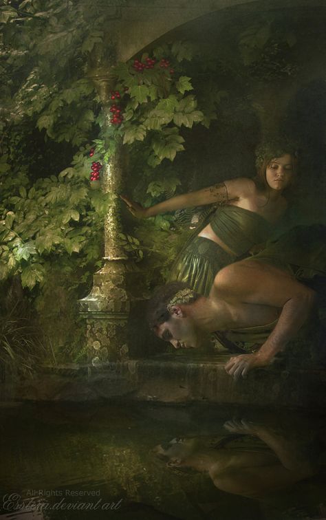 Echo and Narcissus - by *esstera  http://esstera.deviantart.com Echo Greek Mythology, Echo And Narcissus, Greece Mythology, Eros And Psyche, Narcissistic Personality, Celtic Mythology, Greek And Roman Mythology, Roman Mythology, Mythology Art