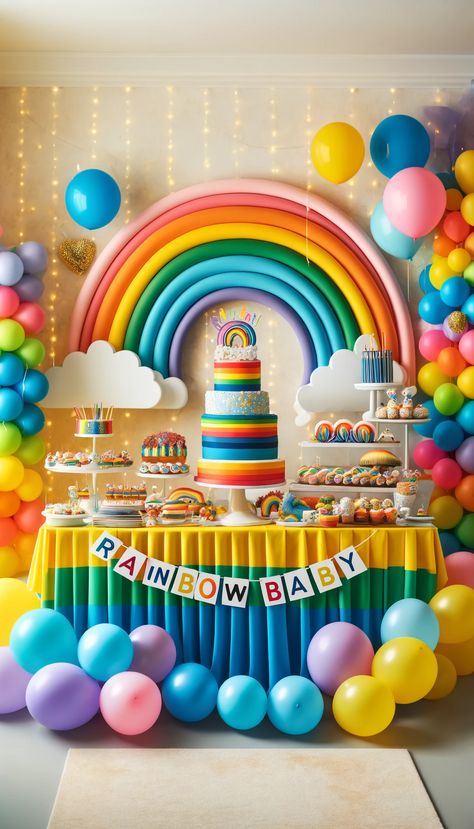 21 Creative Baby Shower Decoration Ideas That Will Wow Your Guests! 🎉👶 Baby Shower Rainbow Theme, Rainbow Baby Shower Ideas, Rainbow Theme Baby Shower, Rainbow Baby Shower Theme, Mermaid Baby Shower Theme, Baby Shower Decoration Ideas, Abc Baby Shower, Rainbow Themed Birthday Party, Rainbow Backdrop