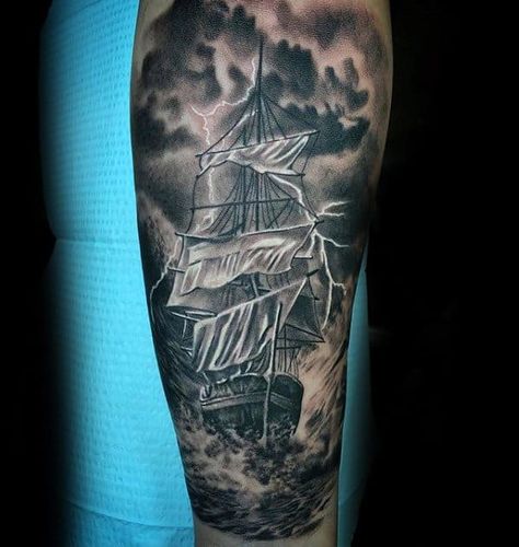 Masculine Leg Ship Thunderstorm Tattoos For Men Ship Tattoos For Men, Thunderstorm Tattoo, Blitz Tattoo, Pirate Ship Tattoos, Storm Tattoo, Boat Tattoo, Night Tattoo, Shoulder Piece, Sea Tattoo