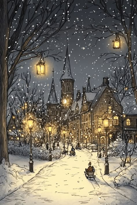 Christmas Winter Scenes Winter Illustration Art, Cozy Scenery, Winter Scenery Christmas, Winter Scenes Wonderland, Christmas Winter Scenes, Winter Christmas Scenes, Christmas Landscape, Christmas Cozy, Scene Drawing