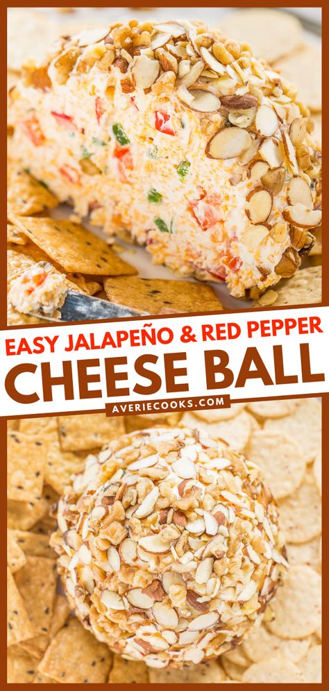 Spicy Jalapeño Cheese Ball (Easy & Quick!) - Averie Cooks Jalapeno Cheese Ball Recipes Easy, Cheese Ball With Pepper Jelly, Pineapple Jalapeno Cheese Ball, Pepper Cheese Ball, Jalepeno Popper Cheese Ball Pumpkin, Jalepeno Popper Cheese Ball Recipes, Crowd Food, Spreads Recipes, Cheese Ball Recipe