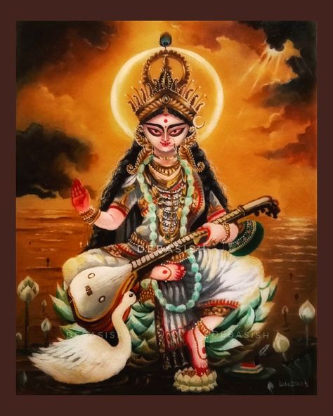 Medium - Acrylic On paper Mythology charector.. Indian goddess of knowledge. #saraswati Saraswati Painting, Goddess Of Knowledge, Easy Scenery Drawing, Activism Art, Cutest Animals On Earth, Buddhist Art Drawing, Kids Canvas Art, Indian Illustration, Saraswati Goddess