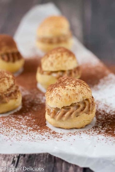 Gluten Free Tiramisu Cream Puffs Dessert Canapes, Tiramisu Cream, Italian Dessert Recipes, Gluten Free Tiramisu, Gluten Free Dessert, Cream Puff Recipe, Gluten Free Donuts, Italian Dessert, Gluten Free Christmas