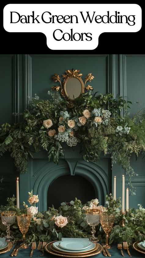 Wedding setup featuring dark green wedding colors palette with gold and light blue accents.